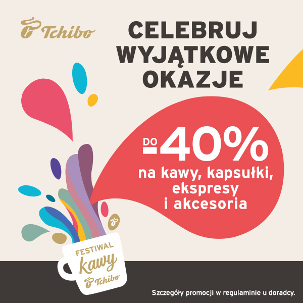 Grafika promocyjna marki Tchibo. Grafika wektorowa przedstawiajaca kubek z którego wylatują napisy i kolorowa ciecz.