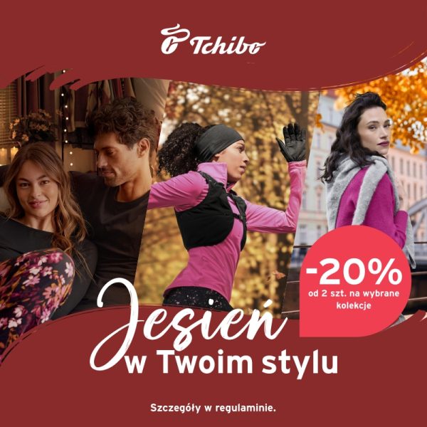 Grafika promocyjna marki Tchibo. Kolaż zdjęć: para na kanapie, trenująca kobieta i kobieta pozująca w jesiennej scenerii.