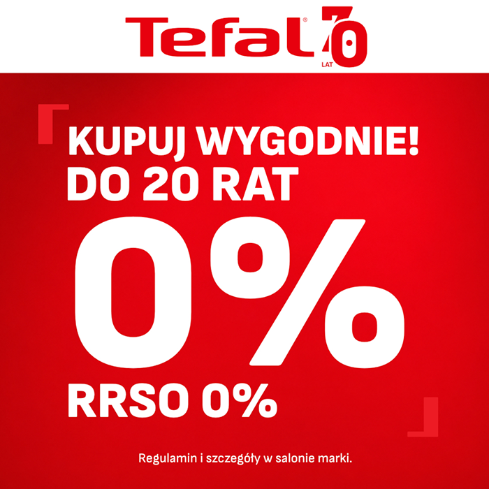 Grafika promocyjna marki Tefal. Napisy kupuj wygodnie do 20 Rat 0% na czerwonym tle.
