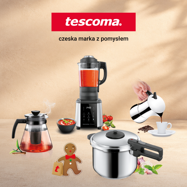 Grafika promocyjna marki Tescoma. Blender, kawiarka, pierniczek, zupowar i dzbanek na beżowym tle.