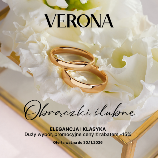 Grafika promocyjna marki VERONA. Obrączki ślubne leżące na białych płatkach róży.