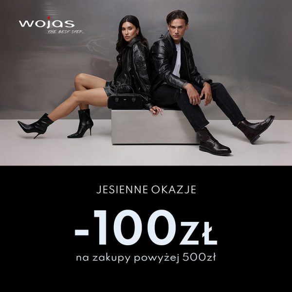 Grafika promocyjna marki Wojas. Mężczyzna i kobieta ubrani w czarne skórzane kurtki pozujący na sesji.