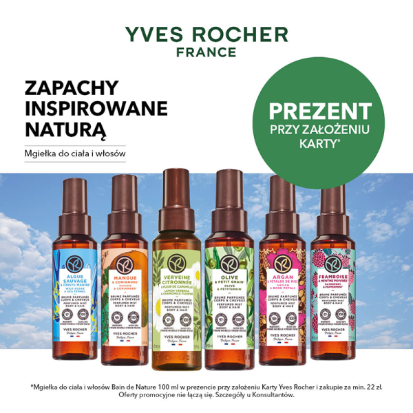 Grafika promocyjna marki Yves Rocher. Mgiełki do ciała i włosów o różnych zapachach inspirowanych naturą.