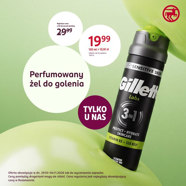 Czarno-zielone opakowanie perfumowanego żelu do golenia Gillette Labs 3 w 1 na zielonym tle. Na grafice Rossmann cena 19,99 zł za 198 ml, najniższa cena z 30 dni przed obniżką 29,99 zł oraz hasło „Tylko u nas”.